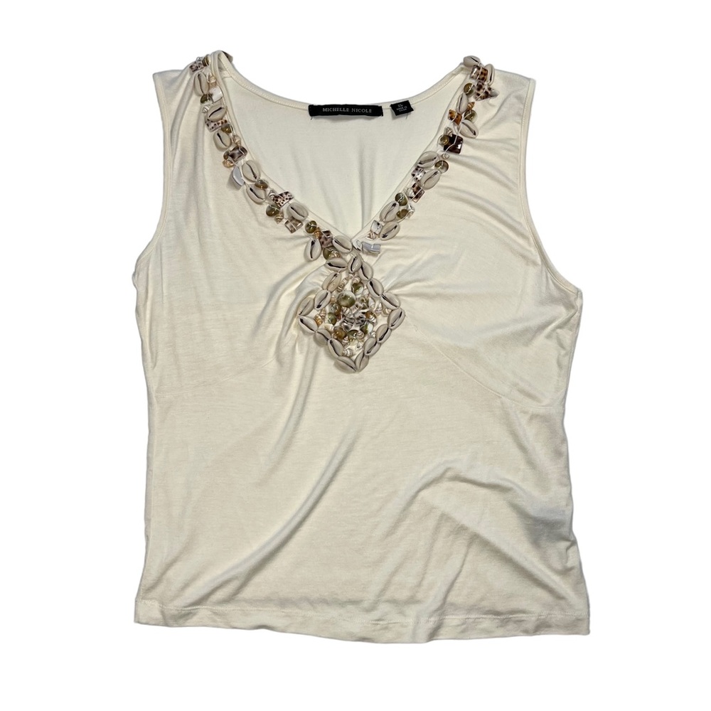 Vintage Boho Seashell Soft Draped V neck Tank Top Beachy Siren Coastal Hippie